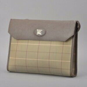 BURBERRYS checked clutch bag iridescent canvas leather green brown kb